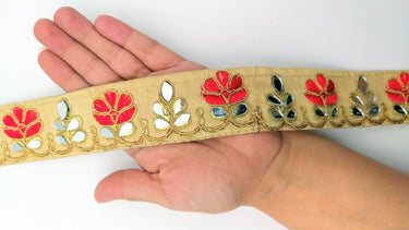 Beige Silk Trim With Mirrors Embellishments and Gold Embroidery, Approx. 38mm Wide, Decorative Trim Costume Trim Floral Trim By Yard